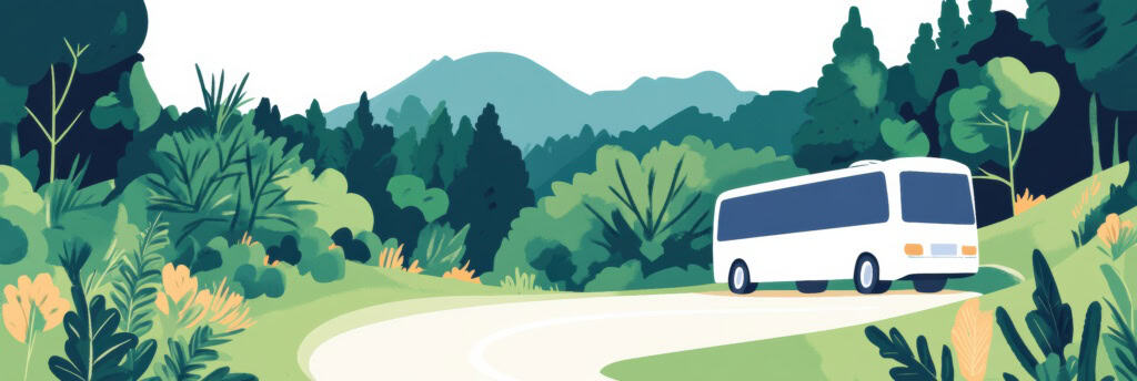 A bus driving down a road in the middle of a forest.