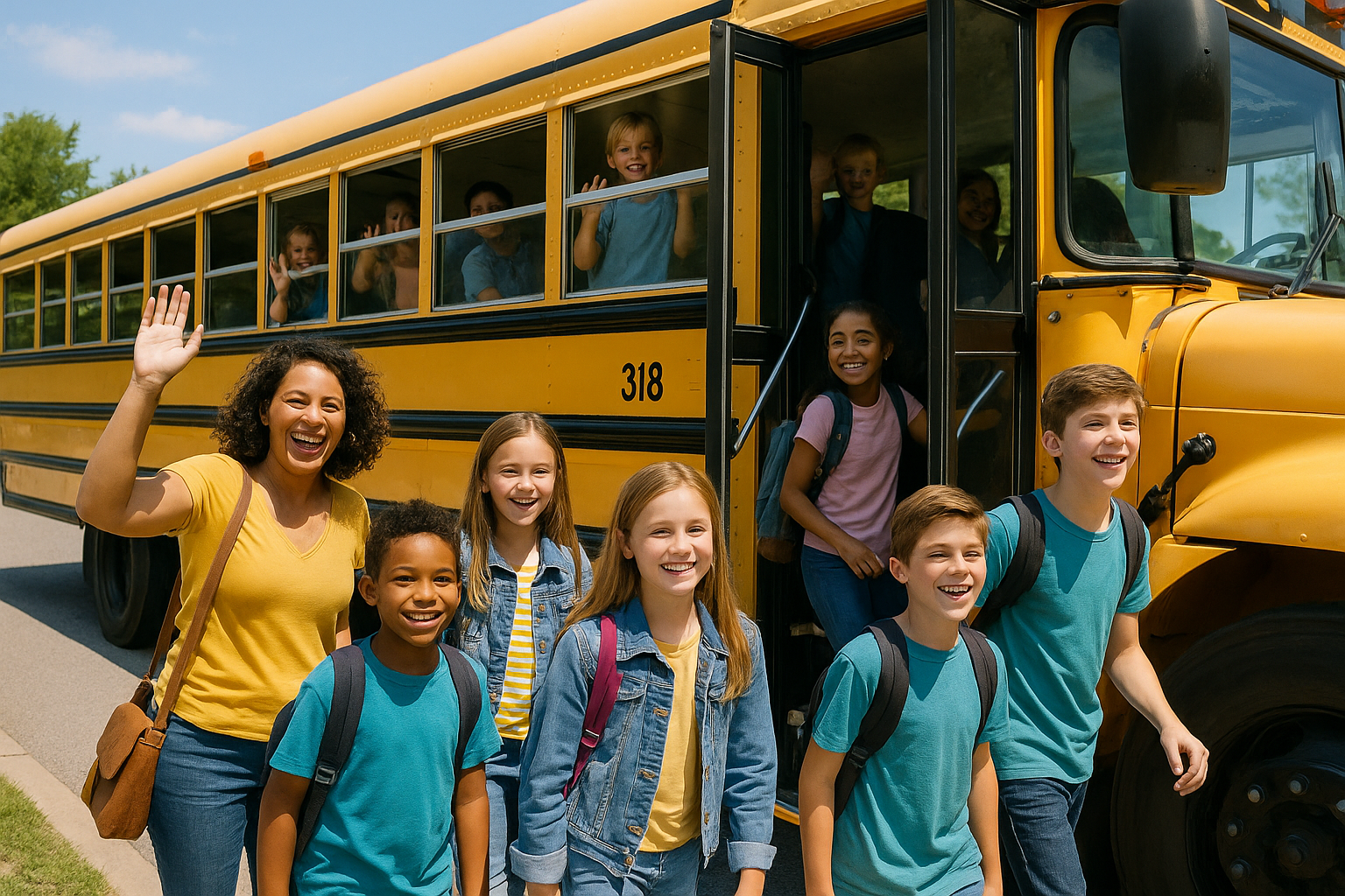 passengers and school children boarding a school bus