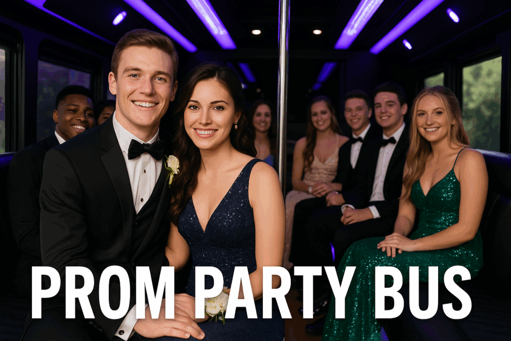 prom couples in formal attire on the party bus