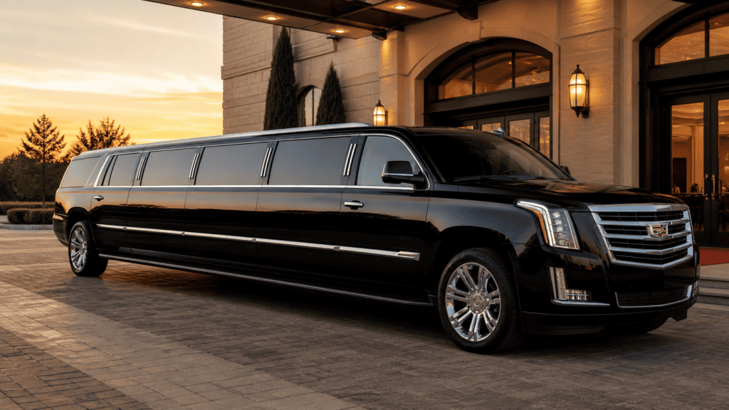 18 passenger Escalade limo parked at an elegant venue entrance for luxury group transportation