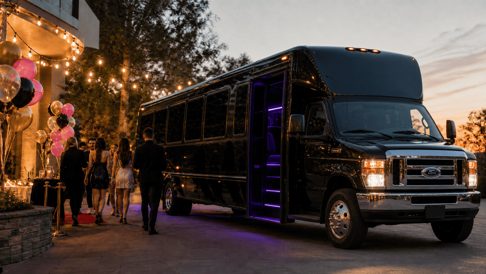 Birthday party bus interior Standard party bus rental parked outside a lively event venue at dusk for birthday celebrations and group transportation