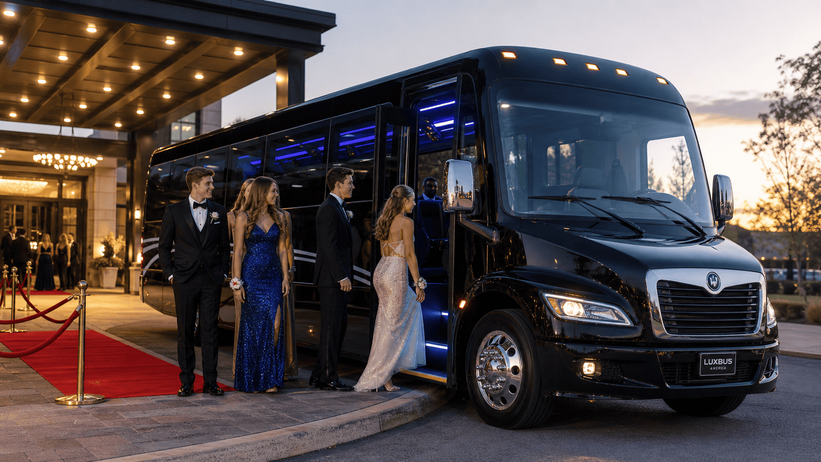 Prom party bus rental arriving at a formal event venue with students dressed for prom