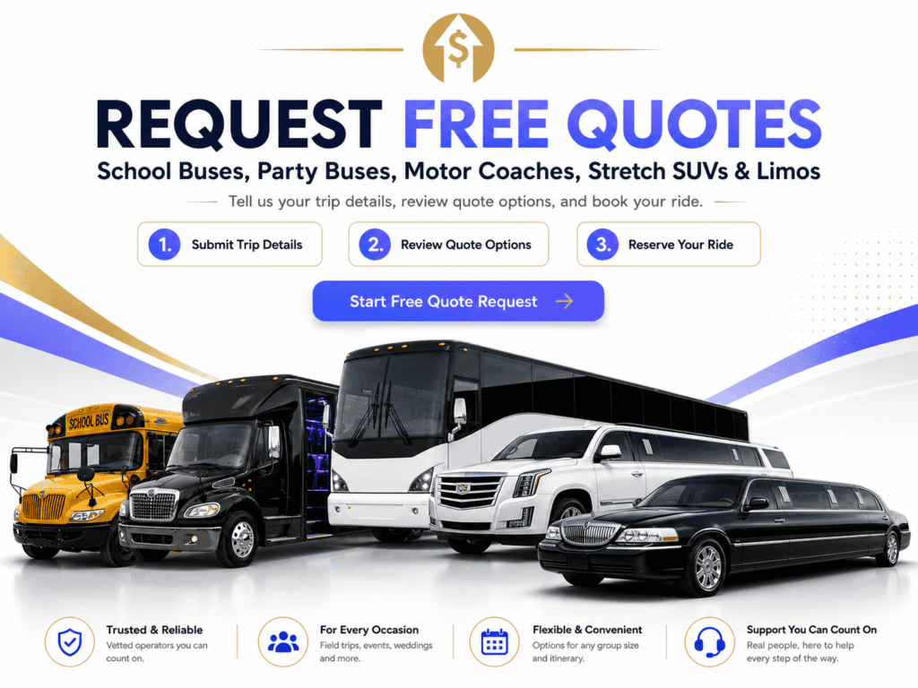Bus and limo rental options including school bus, party bus, motor coach, limousine, SUV, van and shuttle choices