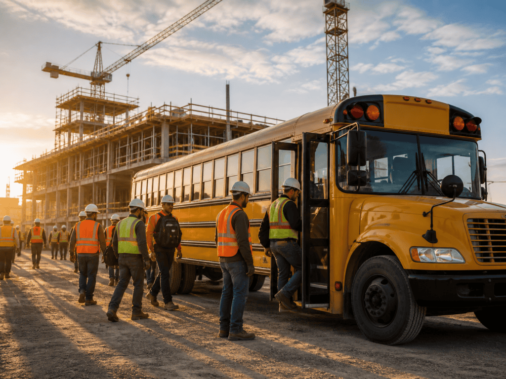 Construction shuttle services with workers boarding a school bus at a jobsite