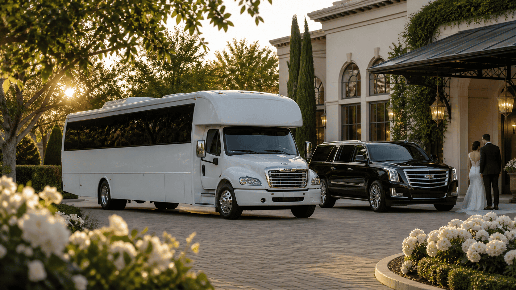 Wedding transportation shuttle and luxury SUV outside a wedding venue for guests and bridal parties